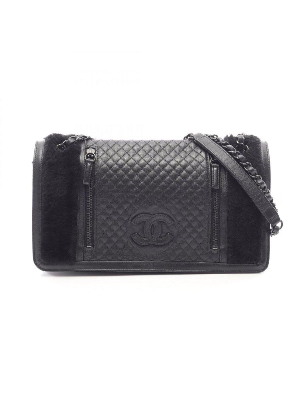 Chanel Shoulder Bag Quilted Black Shearling Leather CC Logo Full Flap Chain